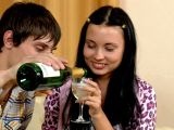 Kinky brunette teen chick Juliett drinking champagne with her young boyfriend